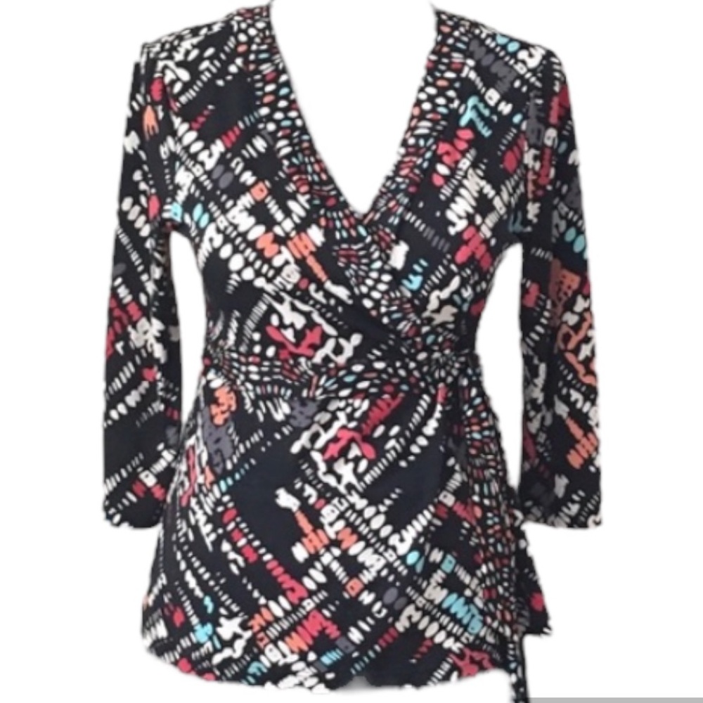 ❤️ SUSAN LAWRENCE Faux Wrap Colorful Graphic Top